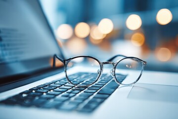 Poster - Close-up of eyeglasses lying on a laptop keyboard, with blurred bokeh lights in the background creating a soft, professional ambiance, business accessories.