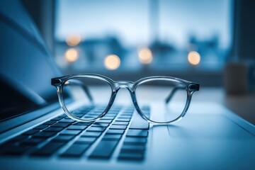 Aufkleber - Close up of glasses on a laptop keyboard, suggesting remote work and technology, focusing on a clear pair of spectacles on a modern laptop in dim lighting.