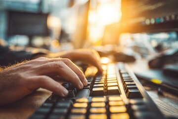 Poster - Close-up of hands typing on a black computer keyboard with sunlight shining through creating a warm and focused work environment, emphasizing productivity and technology.
