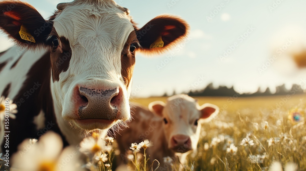A close-up of a curious cow and its calf standing amidst a field of ...