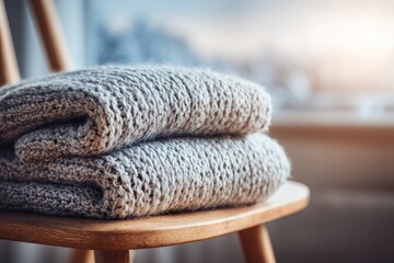Poster - A pile of cozy knitted blankets sits on a wooden chair, bathed in soft natural light, creating a warm and inviting atmosphere, perfect for a relaxing winter day indoors.