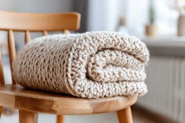 Poster - A cozy, chunky knit blanket is draped over a wooden chair, creating a feeling of warmth and comfort in a minimalistic setting, soft beige tones.