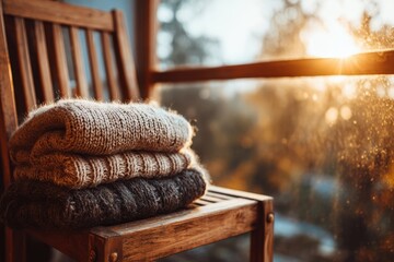 Poster - Cozy stacked knitted sweaters on a wooden chair bask in the warm glow of sunlight filtering through the window, creating a serene and inviting atmosphere.