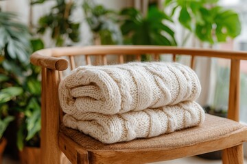 Poster - Cozy knitted blanket is carefully folded and placed on a classic wooden chair, showcasing its intricate texture and inviting warmth, surrounded by indoor plants.