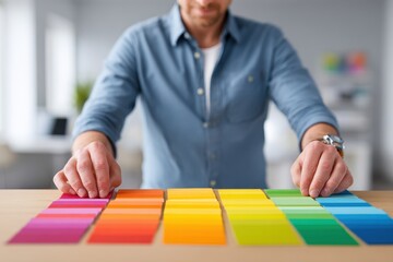 Poster - A man in a blue shirt selecting color swatches on a table for interior design project, creating a color palette for a creative endeavor, designer choosing colors.