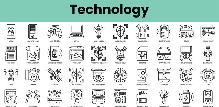 Set of technology icons. Linear style icon bundle. Vector Illustration