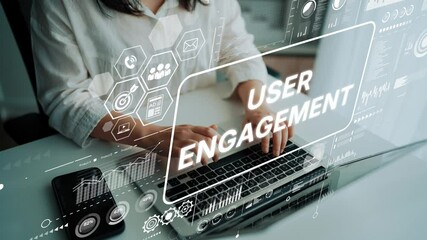 Poster - Business Professional Engaging with User Interaction Data on Laptop in Modern Office Environment. Asymptotic smart data analytic.