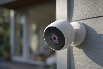 Poster - Modern white smart home security camera mounted on a textured grey wall outdoors.