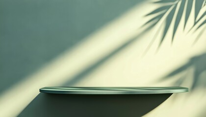 Poster - Dark Green Wall With An Empty Table, Sun Reflections, And Leaves Shadows. Bokeh For Product Presentation: Mock Up For Branding Products Such As Cosmetics And Food.
