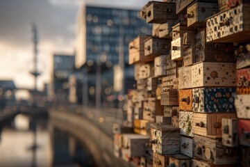 Poster - Unique urban art: an installation of stacked, textured wooden boxes.