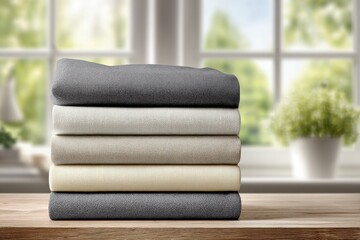 Poster - A neatly stacked collection of neutral-toned textiles on a wooden table.