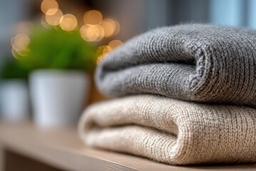 Poster - Cozy folded knitted sweaters on wooden surface with warm blurred lights.