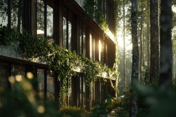 Poster - A modern eco-lodge with green vines, large windows, and sunlight in a forest.