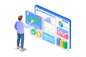 Poster - Man interacting with a digital dashboard displaying financial charts graphs and analytics for business growth and data analysis