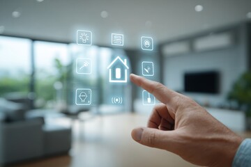 Poster - A person's hand interacting with a futuristic smart home control panel.