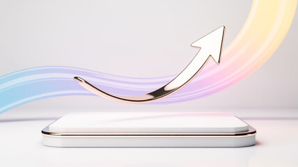 Aufkleber - A minimalist 3D rendering of a white arrow pointing upward against a pastel gradient background.