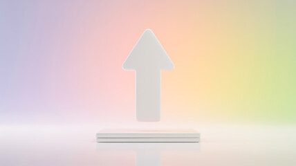 Aufkleber - A minimalist 3D rendering of a white arrow pointing upward against a pastel gradient background.