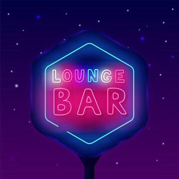 Lounge bar neon street billboard. Outdoor advertising. Colorful text. Drink party. Vector stock illustration