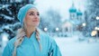 © svastix - An inspiring winter scene featuring a nurse in blue scrubs gazing upward amidst snow, embodying hope, care, and dedication in challenging conditions.