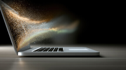 Poster - Side view laptop open on desk with glowing digital particles swirling from screen, futuristic and creative concept