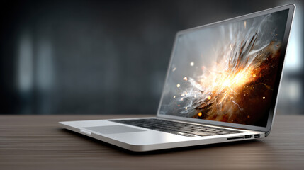 Aufkleber - Open laptop side view on wooden table with abstract digital explosion on screen, modern workspace concept