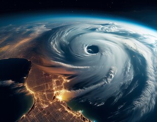 Wall Mural - satellite view of a large hurricane approaching the coastline of florida with illuminated cities at night aerial imagery of a powerful storm over the atlantic ocean weather and natural disaster conc