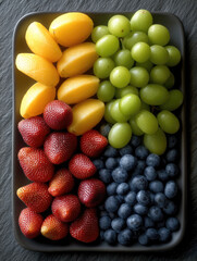Aufkleber - Fresh fruit platter with strawberry, blueberry, green grape, and yellow plum arranged in rows, vibrant and appetizing