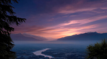 Aufkleber - Mountain city river sunrise sky landscape mist tranquil scenic nature