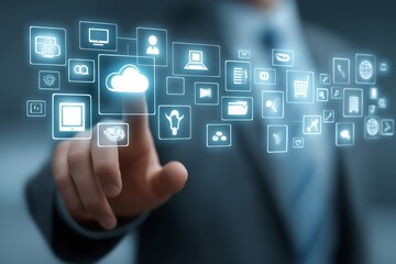 Fototapete - Businessman interacting with digital touchscreen cloud computing interface surrounded by floating icons and services, Generative AI