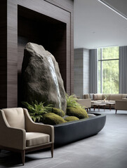 Aufkleber - Modern Chinese style indoor lounge with large rock water feature, green moss, ferns, and elegant beige armchair