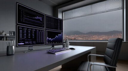 Poster - Modern trading desk with four large monitors displaying financial data, cityscape view, sleek office, professional atmosphere