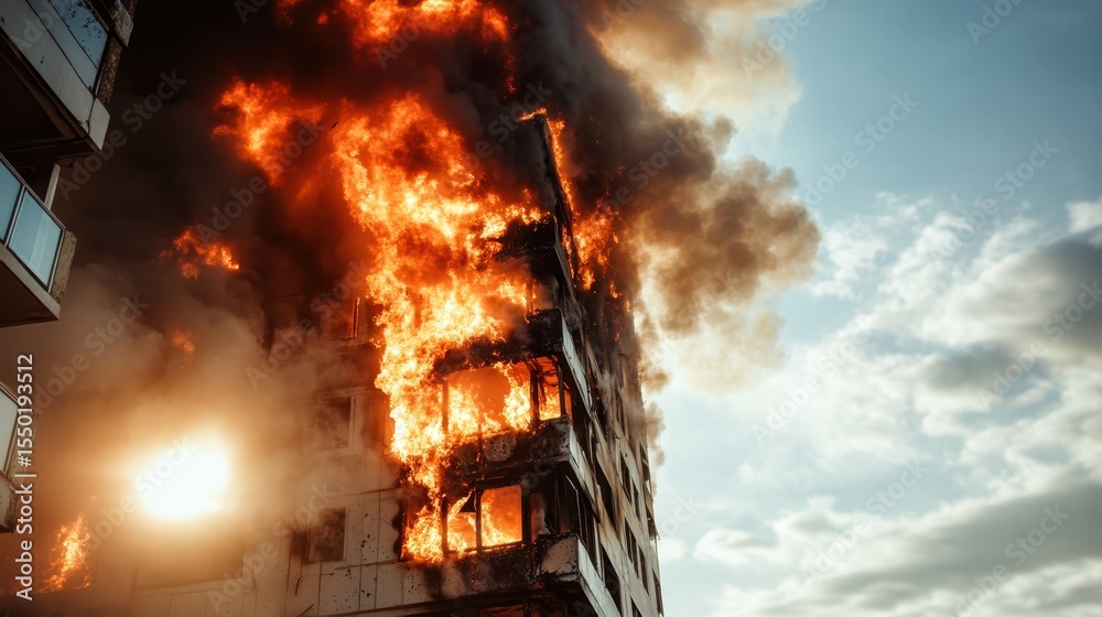 An intense scene of a burning building engulfed in flames and thick ...