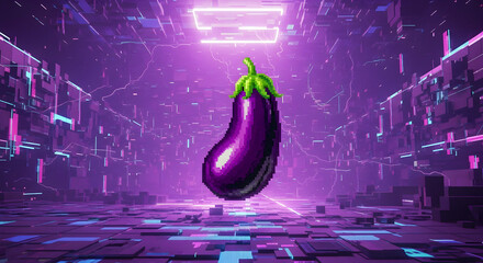 Poster - Digital Eggplant Pixelated in Cyberspace Against a Vibrant Violet Futuristic Backdrop