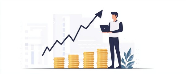 Poster - Businessman analyzing financial growth with rising arrow and stacked coins illustration
