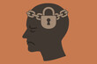 © Jakzui - Silhouette head with lock and chain, concept of mental block, fixed mindset, negative thinking, limited creativity, depression, closed mind, psychological constraint, emotional barrier vector