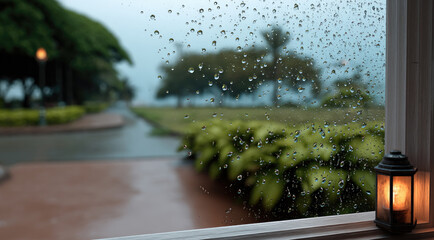 Poster - Rain drops on window, outdoor garden, blurred trees, soft light, peaceful mood, evening, lantern glow