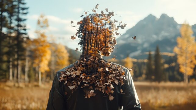 A creative and surreal portrait of a figure with trees and leaves emerging from the back of their head, symbolizing a deep connection between humanity and nature.