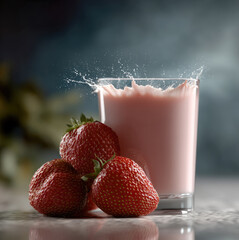 Poster - Strawberry milk glass splash fresh pink drink dairy beverage healthy sweet ripe fruit juicy breakfast refreshment nutrition