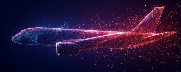 Poster - Futuristic digital airplane illustration with neon light effects and dynamic lines