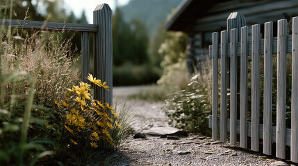 Poster - Wooden garden gate half open with yellow wildflowers, rustic fence, summer sunlight, peaceful countryside path