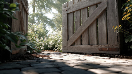 Poster - Wooden garden gate half open on cobblestone path, sunlight, lush green foliage, peaceful morning