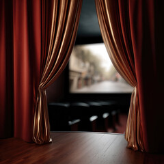 Poster - Red curtain, gold trim, wooden stage, empty theater, blurred screen, dramatic lighting, cinematic atmosphere