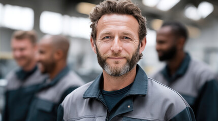 Poster - Confident male factory worker with beard and gray uniform standing in industrial setting, smiling at camera