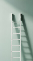 Poster - White ladder against a pale green wall, casting a shadow symbolizing growth, progress, and reaching goals, suitable for business or motivational concepts