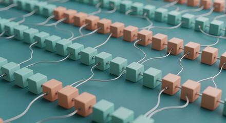 Poster - abstract image of pastel cubes connected by thin wires, arranged in wavy rows on teal background, sy