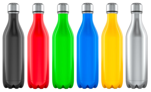 Colorful stainless steel insulated bottles, set of steel thermo bottles for sports or travel. 3D rendering isolated on transparent background