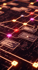 Fototapete - Abstract digital network visualization with glowing nodes and connecting lines, showcasing data flow and information processing, symbolizing technological advancement and connectivity