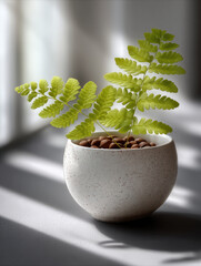 Aufkleber - Delicate fern leaf in white ceramic pot with pebbles, sunlight casting soft shadows on gray surface