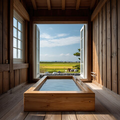 Aufkleber - Serene wooden bath with open window, natural light, countryside view, peaceful, minimalist, rustic interior