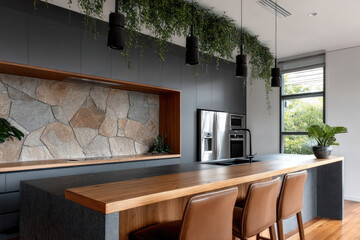 Aufkleber - Modern kitchen with grey cabinet, blue accent, stone backsplash, wood countertop, brown chair, and green plant decor